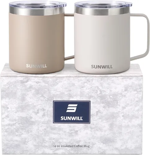 Vista 27 de SUNWILL - Taza de café de viaje con tapa, taza aislada con asa, taza de acero inoxidable de 14 oz para hielo, agua, té, color oro rosa