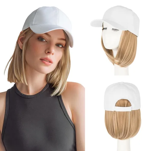Vista 19 de S-noilite Peluca de gorra de béisbol de 6 pulgadas con peinado Bob y extensiones de cabello, gorra de béisbol recta ajustable para mujer