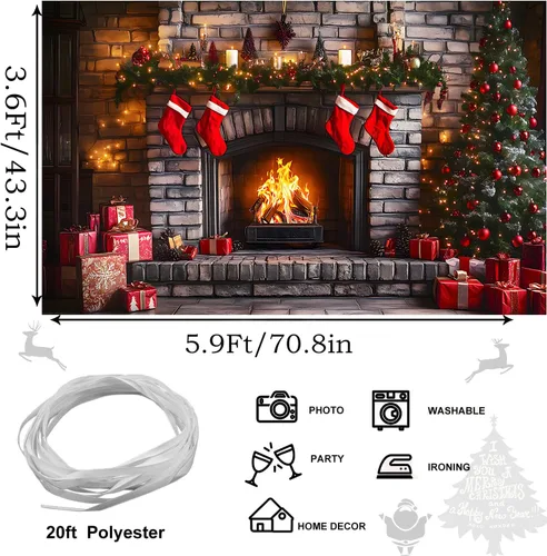 Vista 3 de Telón de fondo de chimenea de Navidad, 5.9 x 3.6 pies, medias de árbol de Navidad de invierno, regalos de fondo para niños, pancarta de fiesta