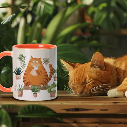 Vista 4 de Hyturtle Bonita taza de café de gato naranja, regalos de Navidad para mamá de gato, regalo de decoración de plantas para amantes de las plantas