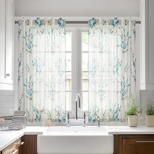 Vista 29 de MYSKY HOME Cortinas de lino transparentes de 45 pulgadas de largo para dormitorio, cocina, paneles de cortina florales, cortinas semicirverticales