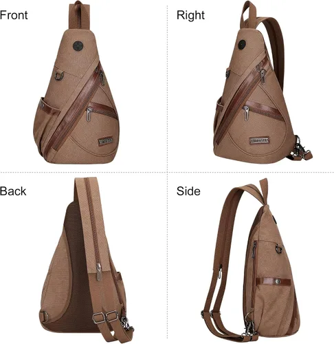 Vista 9 de WITZMAN Bolso bandolera de lona para hombres y mujeres, mochila convertible cruzada, estilo vintage, bolsa de pecho de viaje casual (A8003 marrón)
