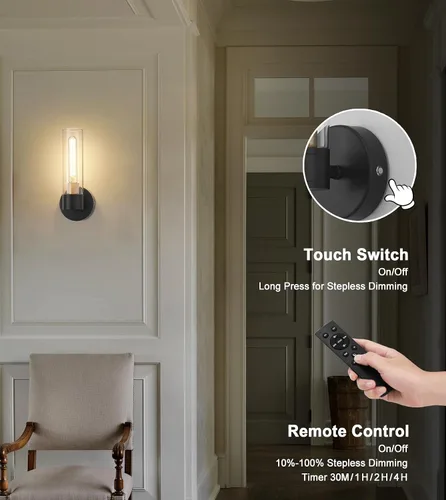 Vista 4 de Juego de 2 apliques de pared a pilas, luces de pared inalámbricas con control remoto, lámparas de pared regulables recargables para dormitorio