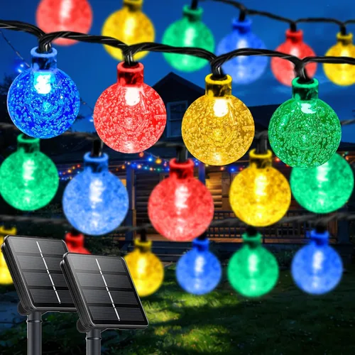 Vista 8 de LORRYTE Tira de luces solares para exteriores, 50 luces LED de 32 pies, impermeables, con energía solar, luces de globo de cristal para exteriores