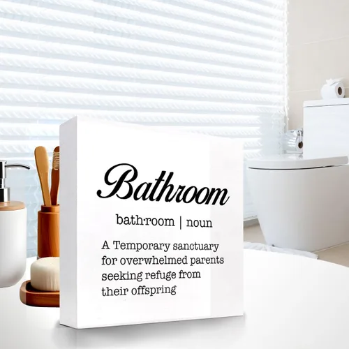 Vista 4 de Letrero divertido de madera con definición de baño, placa de bloque de madera para el hogar, baño, estante y decoración de inodoro