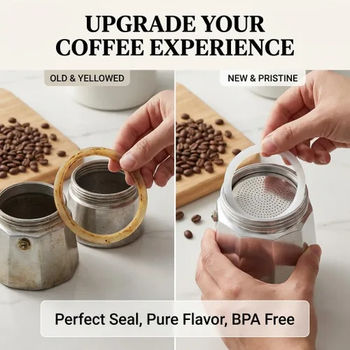 Vista 5 de Sivaphe 3 tazas Moka Pot piezas de repuesto infusor para estufa italiana de aluminio, cafetera expreso, 1 filtro y 3 sellos de junta de silicona