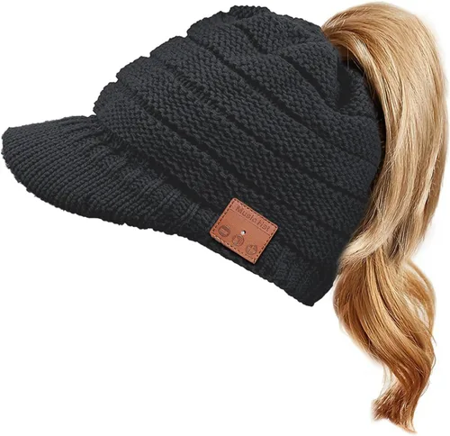 Vista 2 de Boina de invierno para mujer, con Bluetooth, gorro de algodón cálido para pintor, con visera de ganchillo, Negro