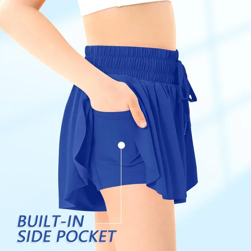 Vista 3 de Pantalones cortos deportivos de mariposa para niñas, pantalones cortos fluidos con bolsillo 2 en 1, pantalones cortos para correr, entrenamiento