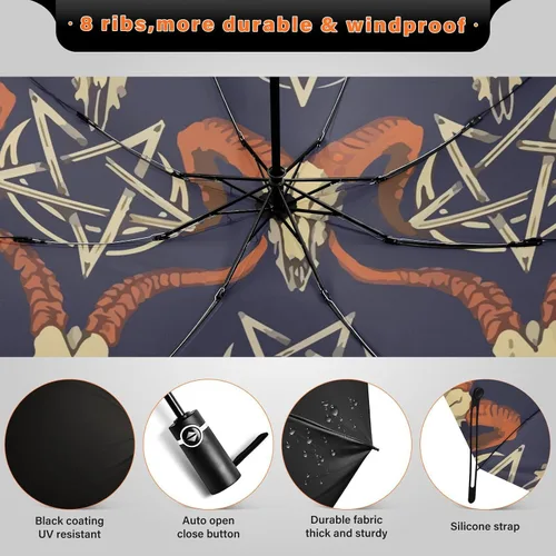 Vista 4 de UV Blocking Automatic Open Umbrella Satan-baphomet-sheep-head-demon Portable Travel Folding Umbrellas with Cover Bag