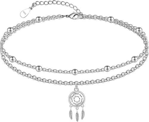Vista 36 de CHIC & ARTSY Tobilleras delicadas de plata de ley S925 para verano, pulsera de tobillo ajustable multicapa para playa, joyería de pie para mujer