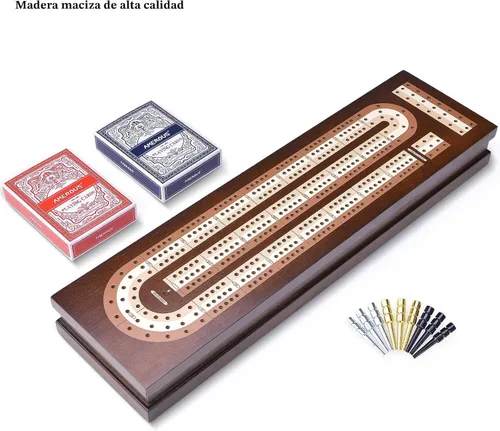 Vista 2 de AMEROUS Juego de Cribbage de Mesa de Madera con Bloqueo Magnético - Clavijas de Metal - 2 Cartas de Juego - Tablero Continuo de 3 Vías - Área
