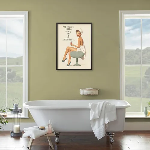 Vista 4 de Póster bohemio de baño verde salvia vintage de los años 70, arte de pared de chica pin-up de 08 x 10 pulgadas con marco negro "Por supuesto estaré