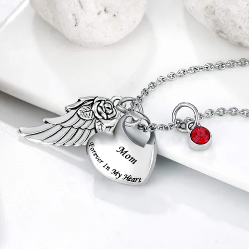 Vista 4 de Collar de urna de cremación de doble corazón viene con ala de ángel y 12 piedras natales para cenizas, colgante conmemorativo, Forever in My Heart
