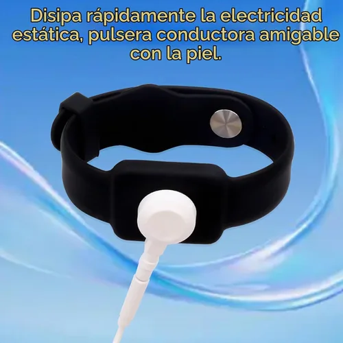 Vista 3 de Correa de muñeca antiestática, banda de conexión a tierra ESD, pulsera de silicona conductora ajustable estilo botón de 9 pulgadas, compatible
