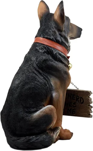 Vista 3 de Ebros Old Faithful - Estatua de perro de pastor alemán con collar de cascabel y letrero de bienvenida para patio