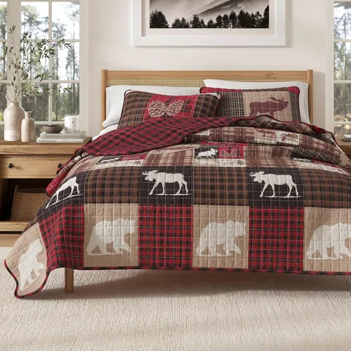 Vista 10 de Great Bay Home - Juego de 3 piezas de colcha reversible de estilo rústico de cabaña con 2 fundas decorativas de almohada, para todas las estaciones