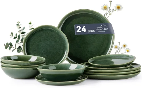 Vista 27 de AmorArc Juego de vajilla de cerámica, Juego de platos y cuencos de piedra de esmalte reactivo hechos a mano, Platos y cuencos altamente resistentes