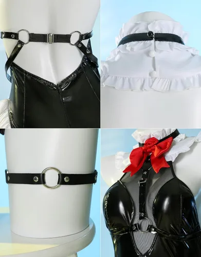 Vista 5 de miccostumes Disfraz de animé para mujer, disfraz gótico de sirvienta y calcetines con tocado