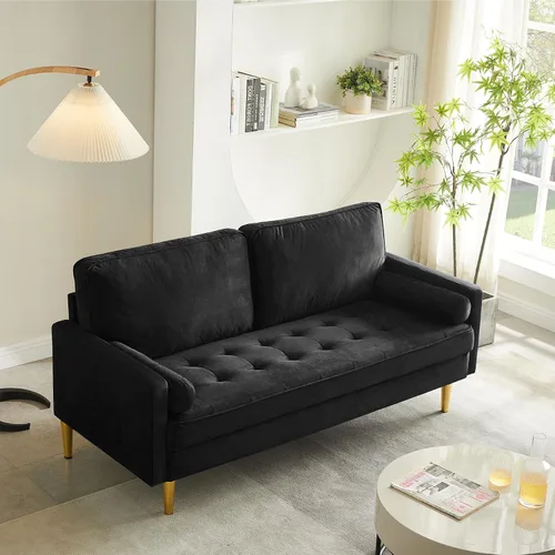 Vista 7 de Sofá LoveSeat de 67 pulgadas, sofá biplaza, sofás modernos de tela de terciopelo con diseño de puntos con dos almohadas redondas para espacios