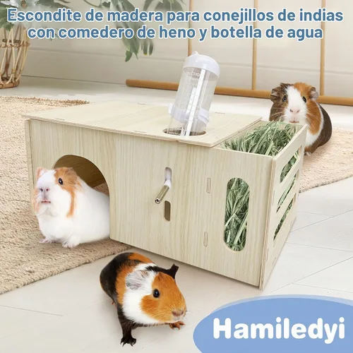 Vista 7 de Hamiledyi Escondite de conejillo de indias con alimentador de heno y botella de agua, casa de chinchilla de madera natural, castillo de conejo