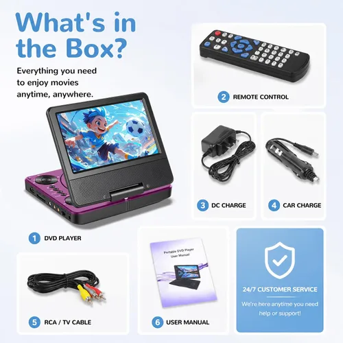 Vista 8 de HotHat Reproductor de DVD portátil de 7.5 pulgadas con pantalla giratoria Púrpura