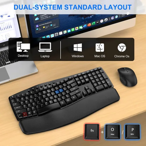 Vista 7 de Combo ergonómico de teclado inalámbrico y mouse, conexión EDJO Bluetooth/2.4G de modo dual, reposamuñecas de espuma suave, escritura silenciosa