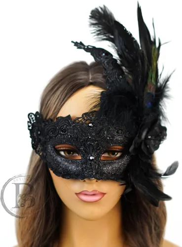 Vista 5 de Máscara de plumas burlesque, máscara de encaje de Mardi Gras para mujer, disfraz de plumas de pavo real, máscara de brocado veneciano
