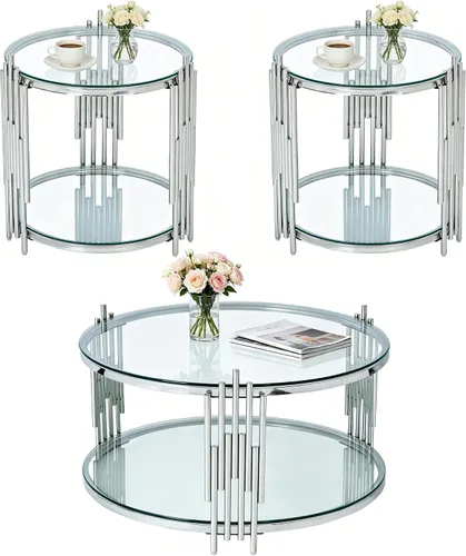 Vista 12 de SSLine Round 2-Tier Glass Coffee Table with Gold Stainless Steel Frame