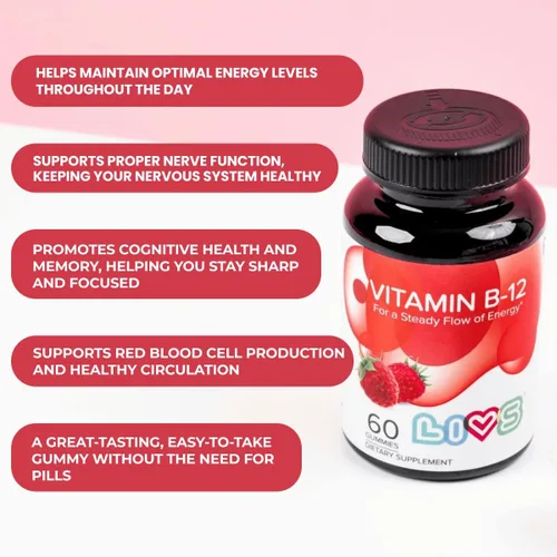 Vista 4 de LIVS Gomitas de vitamina B12 para adultos y niños Suplemento vegano de metilcobalamina B12 Energía, metabolismo y apoyo nervioso Sabor a