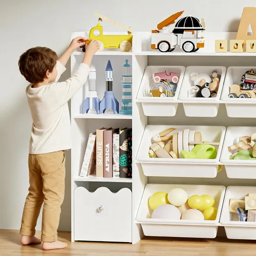 Vista 2 de HOMMPA Organizador de almacenamiento de juguetes para niños de 55 pulgadas de ancho con 2 cajones movibles, estantería de 4 niveles para niños