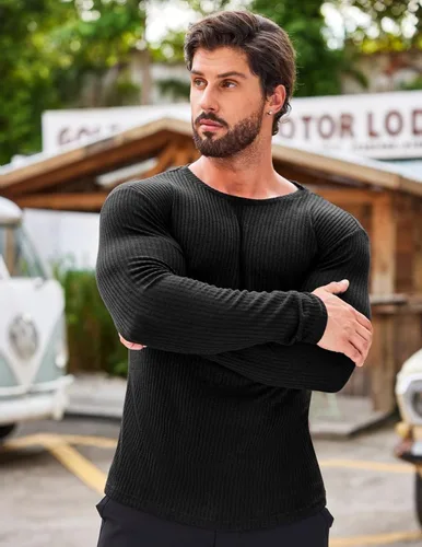 Vista 2 de COOFANDY Paquete de 2 camisetas musculares para hombre, elásticas, de manga larga, para gimnasio, entrenamiento, fisicoculturismo, camisetas