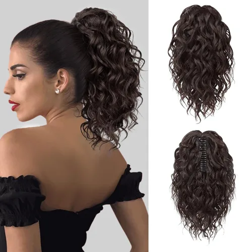 Vista 17 de Flufymooz Extensión de cola de caballo, extensión de cola de caballo corta de 12 pulgadas con pinza de garra, cabello ondulado rizado, clip