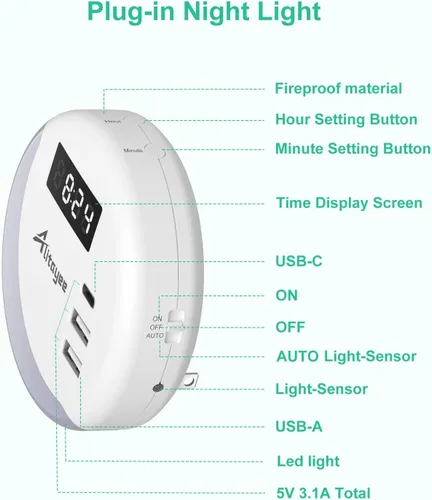 Vista 8 de Alitayee Luz nocturna LED, luces nocturnas enchufables a la pared, luz nocturna inteligente con sensor de luz nocturna con cargador USB C
