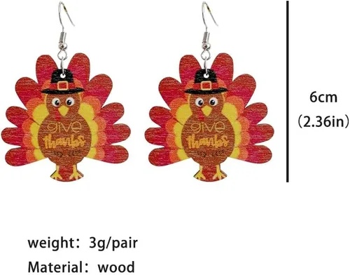Vista 4 de Caiyao Lindos aretes de madera de pavo de dibujos animados de Acción de Gracias para mujeres y niñas ligeros aretes de Acción de Gracias resina