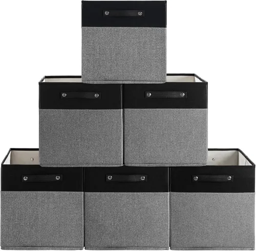 Vista 17 de FinishingBo Contenedores de almacenamiento de lino fino de 13 x 13 pulgadas con asas, cajas de cubo de tela, organizadores de cestas para estantes