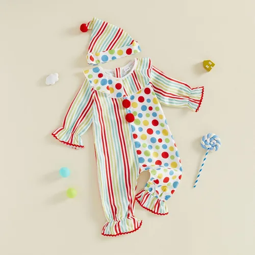 Vista 4 de Adobabirl Toddler Baby Halloween Clown Costume Long Sleeve Romper with Hat Blanco