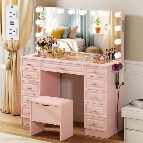 Vista 8 de VOWNER - Tocador con espejo iluminado, escritorio de maquillaje con altavoz Bluetooth Glass Top Vanity with 11 Drawers and 3 Color Lights