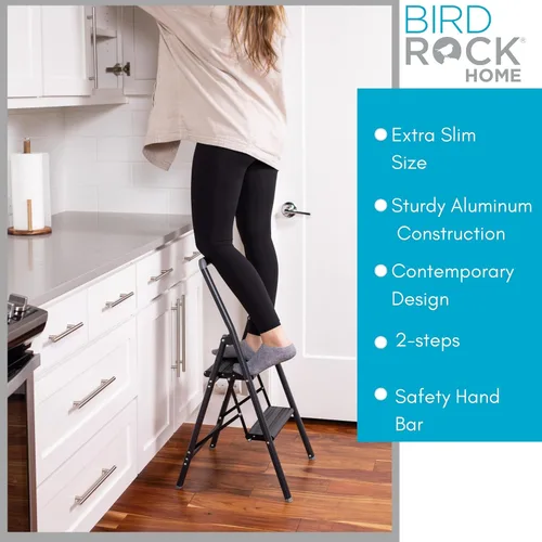 Vista 2 de BIRDROCK HOME Escalera delgada de aluminio de 2 escalones, taburete plegable delgado y resistente, escalones antideslizantes, ideal para tu cocina