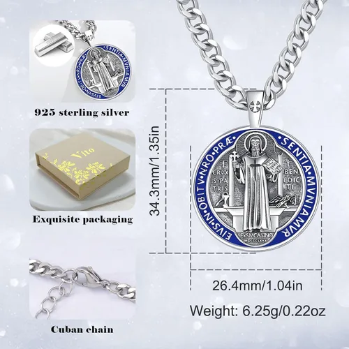 Vista 13 de Vito Collar de plata de ley 925 para mujeres y hombres, San Benito, crucifijo, Caravaca, San Cristóbal, San Judas, medalla patronal, amuleto
