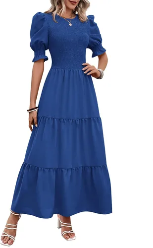 Vista 62 de BTFBM Vestidos para mujer, cuello redondo, casual, de verano, con volantes, manga corta, bohemio, con niveles, fruncido, largo, con estampado floral