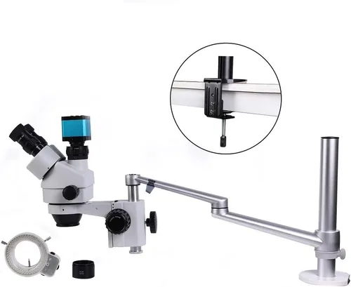 Vista 5 de Kit de accesorios para microscopio, abrazadera de metal negro/plateado, soporte para microscopio, soporte para microscopio trinocular ajustable