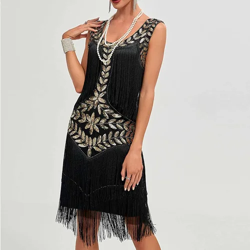 Vista 3 de Vestido de lentejuelas de los años 20 para mujer, vestidos de flecos Gatsby sin mangas, cuello redondo, vestido ajustado para formalfiestabaileclub