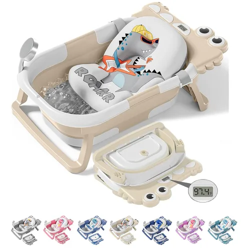 Vista 9 de TPN - Bañera plegable para bebés con cojín suave y termómetro en tiempo real, bañera portátil de viaje para recién nacidos e infantes