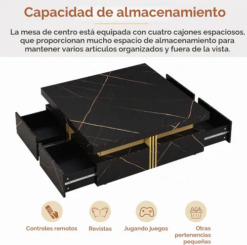 Vista 5 de SSLine Moderna mesa de centro cuadrada de color negro y dorado, mesa de centro de cóctel de mármol sintético de lujo con 4 cajones de Mármol negro