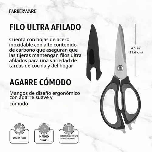 Vista 3 de Farberware Tijeras de cocina 4 en 1 con mango negro, tijeras de acero inoxidable de alto carbono con abridor de botellas, abridor de tarros