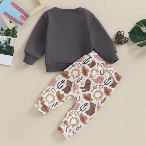 Vista 7 de Conjunto de ropa de otoño e invierno para bebé, niño, niña, sudadera vaquera, sudadera sin botones, sombrero, botas, pantalones de cactus, traje