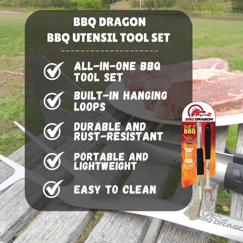 Vista 5 de BBQ Dragon - Utensilios de parrilla - Juego de herramientas para barbacoa - Espátula, tenedor, pinzas combinadas en 2 accesorios para barbacoa