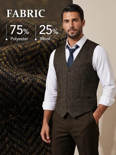 Vista 2 de MAGE MALE Chaleco de traje de tweed en espiga para hombre, chaleco vintage Marrón