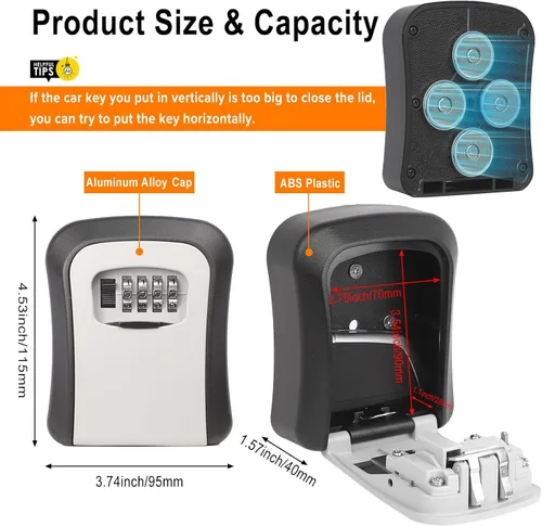 Vista 2 de Caja magnética para llaves debajo del automóvil, ocultar una llave, cerradura de combinación reajustable con 4 imanes fuertes, soporte magnético
