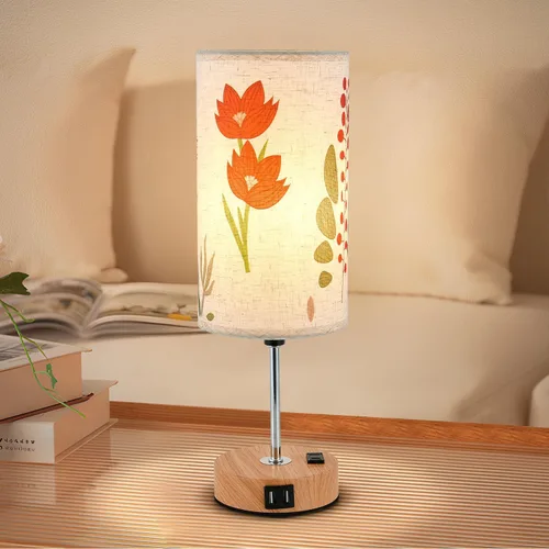 Vista 5 de Lámpara de mesa táctil de flores, lámparas de noche regulables de 3 vías con puerto USB y tomacorriente, bonita lámpara con base de grano de madera